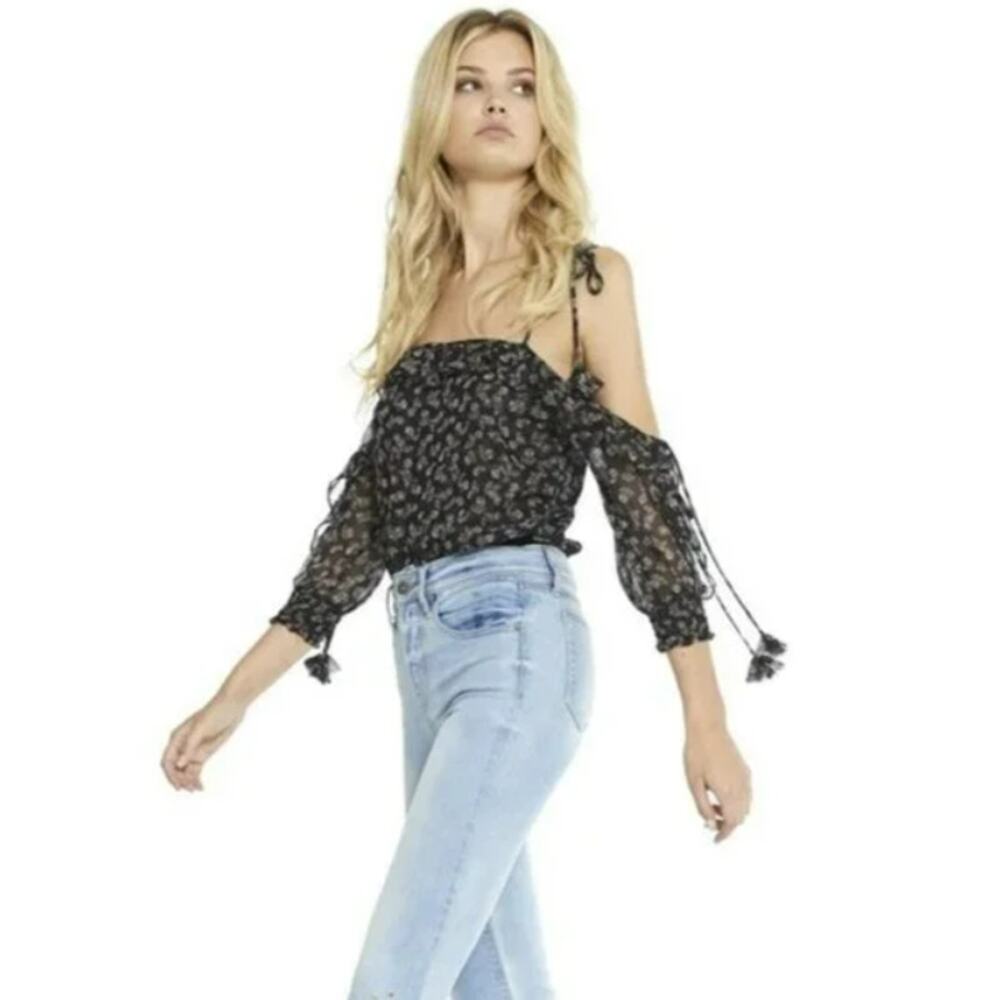 MISA Los Angeles Tamila Cold Shoulder Bodysuit Ruffle Floral Black Womens XS